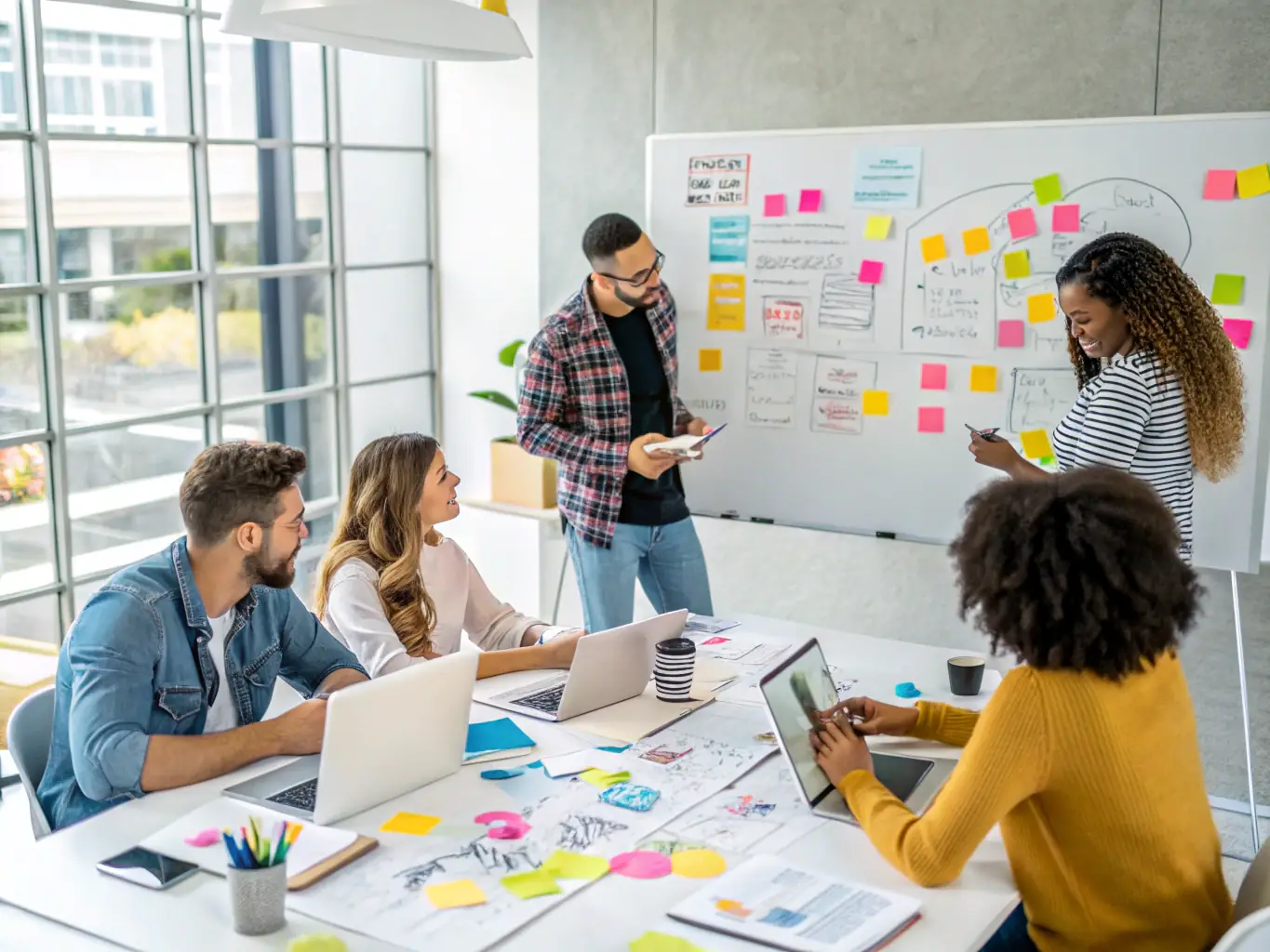 A product manager collaborating with a design team in a bright, open-plan office, emphasizing teamwork and innovation.