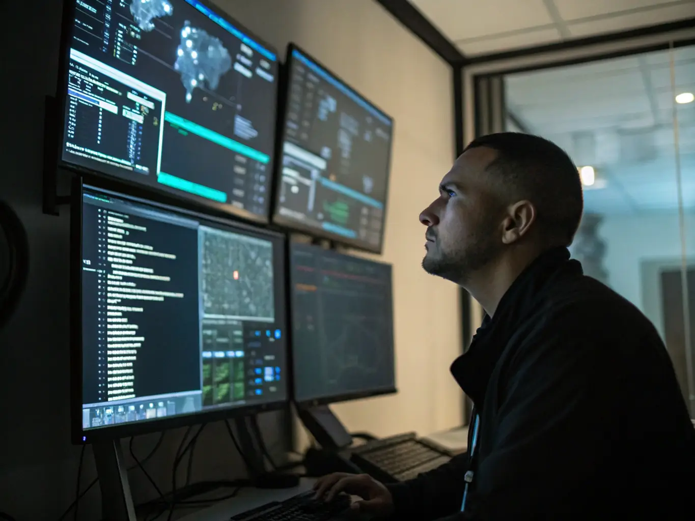 A cybersecurity expert analyzing network traffic on multiple monitors in a secure operations center, highlighting the importance of data protection.